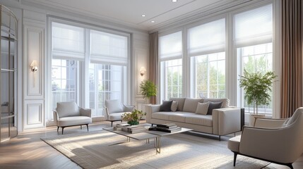 Fototapeta premium Elegant living room, sunlight, modern furniture, tranquil atmosphere.