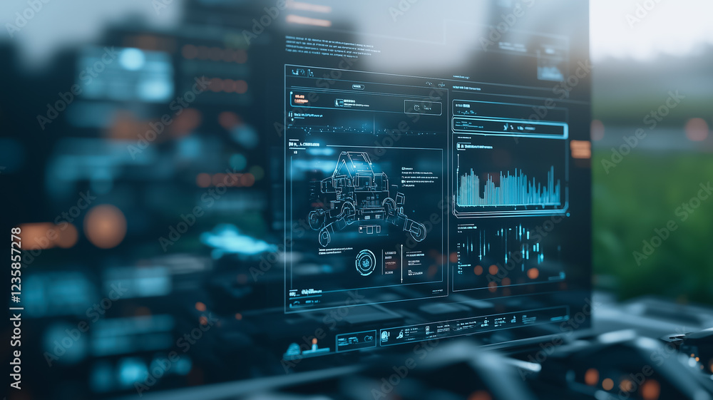 Poster futuristic data analysis: close-up shot of a laptop screen displaying intricate futuristic holograph