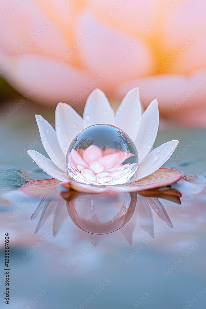 Poster macro shot of single water droplet resting on lotus leaf reflecting light in mesmerizing way copy sp