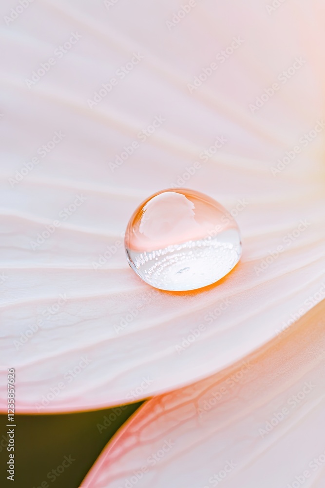 Poster macro shot of single water droplet resting on lotus leaf reflecting light in mesmerizing way copy sp
