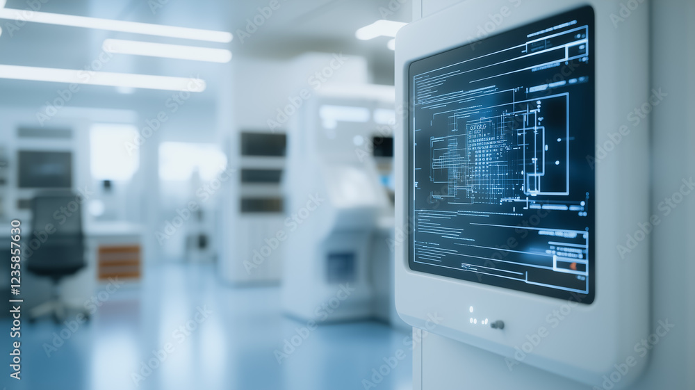 Poster modern lab diagnostic screen: a close-up shot of a sleek, wall-mounted monitor displaying complex di