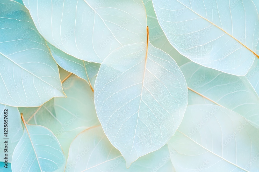 Poster macro view of overlapping translucent leaves layered like delicate stained glass soft glowing light 
