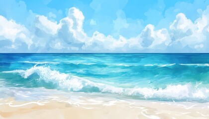 Obraz premium Serene Ocean Waves Crashing on Sandy Shore Under Blue Sky