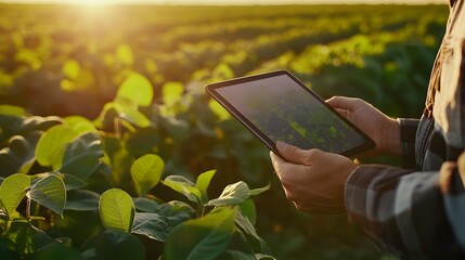 Farmer Using Tablet to Monitor Soybean Crop Growth