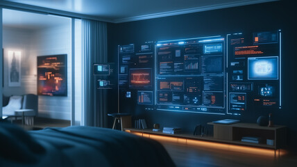 Obraz premium Cyberpunk Bedroom: Futuristic bedroom interior design with a large holographic display wall showing complex data and neural network visualizations. The room is dark and sleek with a modern aesthetic.
