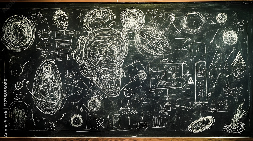 Poster Conceptual Chalkboard Doodles Depicting Intellectual Complexity and Creativity  Abstract Featuring Freehand Drawings Formulas and Symbols Representing the Workings of the Inquiring Mind