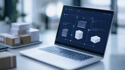 Inventory Management System:Streamlined inventory management software displayed on a laptop, alongside neatly stacked packages, suggesting efficient organization and control over product flow. 