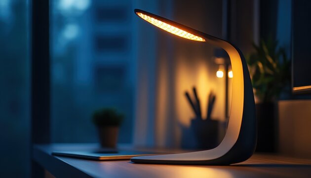 Modern black desk lamp illuminating dark workspace with sleek design and minimalistic style during evening hours
