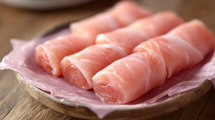 Freshly Rolled Thin Slices of Ham Arranged Neatly on a Natural Wooden Plate Surrounded by Delicate Pink Paper for Culinary Presentation and Gourmet Plating Ideas
