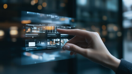 Interactive Digital Interface: A hand interacts with a futuristic transparent touchscreen display, showcasing dynamic data visualizations and intuitive user interface design.