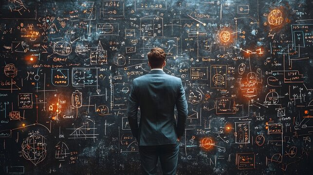 Businessman Analyzing Complex Mathematical Formulas on Large Digital Blackboard Showcasing Problem Solving and Innovation
