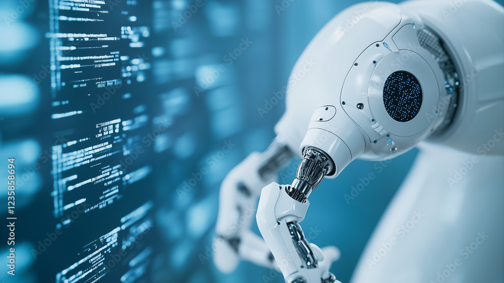Poster robotic arm and data stream: a close-up shot of a sleek, white robotic arm interacting with a vibran