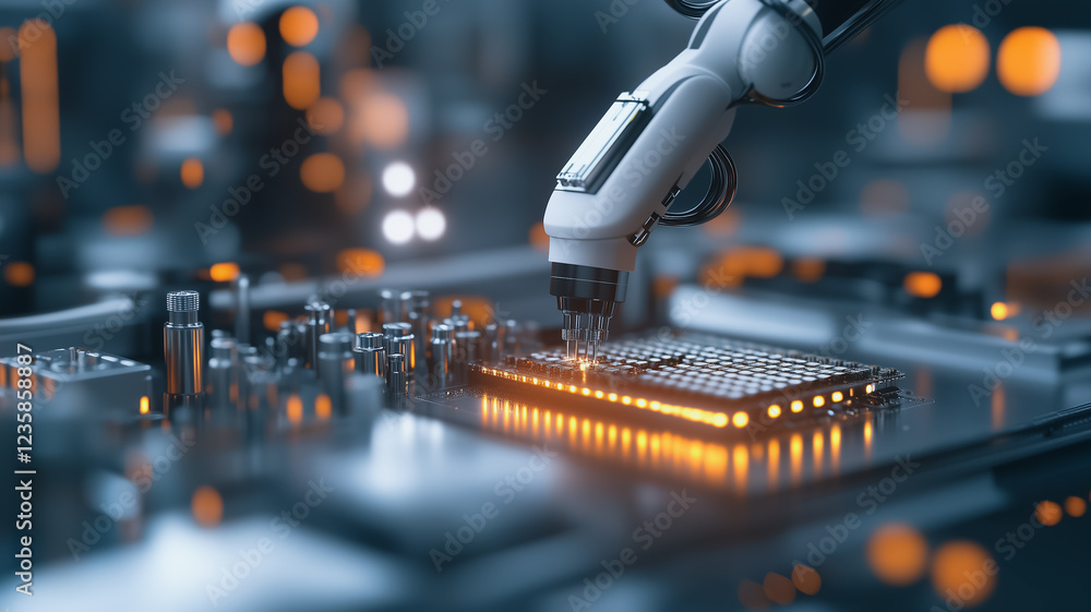 Poster robotic precision assembly: a close-up shot reveals a robotic arm meticulously placing a microchip o