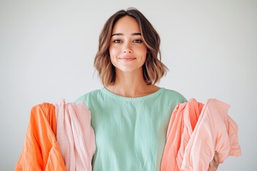 portrait of fashion influencer streaming live styling session holding different outfit choices soft natural lighting