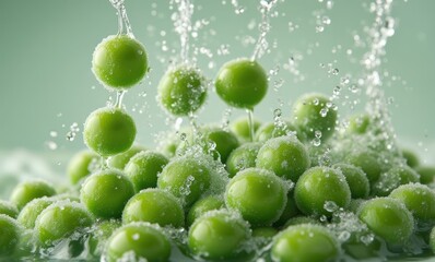 Fresh green peas with splashes of water