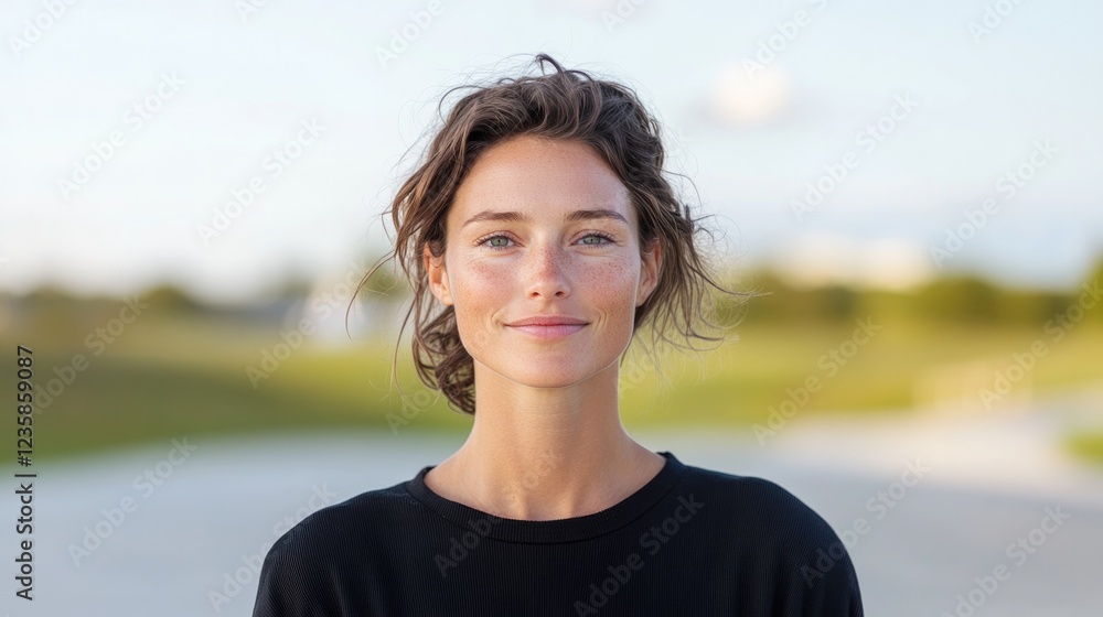 Poster portrait of person in minimalistic setting featuring clean image with ample copy space and blurred b