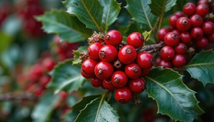 Obraz premium Holly berries shining red against green leaves