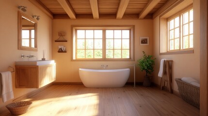 Sunny rustic bathroom interior design, wood floors, large windows, peaceful morning