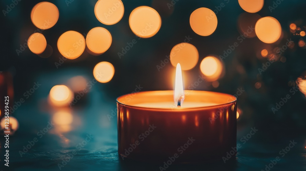 Poster tranquil setting with a warm candle flame illuminating a softly lit background of golden bokeh, crea