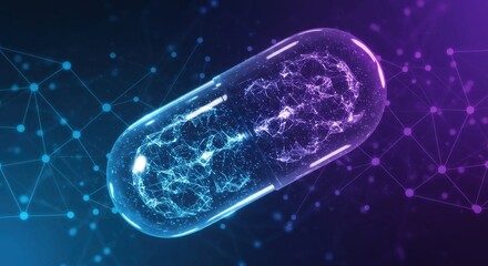 Abstract digital capsule with glowing particles against a vibrant background