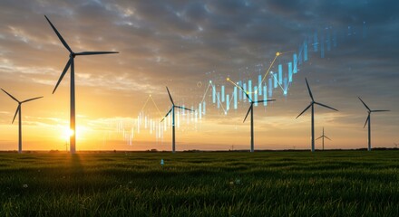 Wind Turbines at Sunset with Digital Graph Overlay Representing Renewable Energy Trends