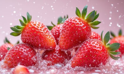 Fresh strawberries splashing in water