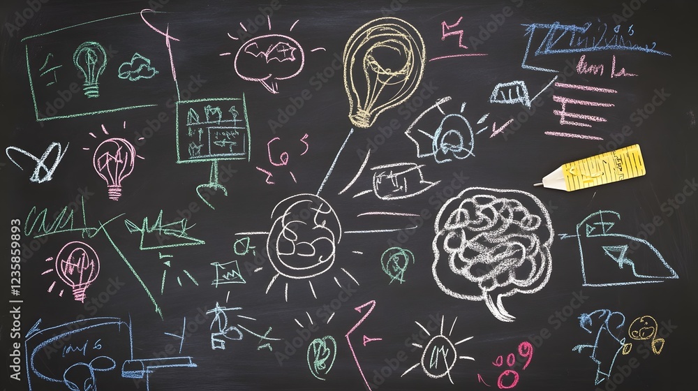 Poster Creative brainstorming session on a colorful chalkboard showcasing a variety of doodles sketches and symbols representing imagination problem solving and innovative thinking