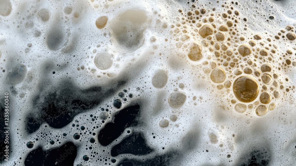 Poster close-up view of bubbles and foam in liquid, abstract patterns over dark background, unique textures