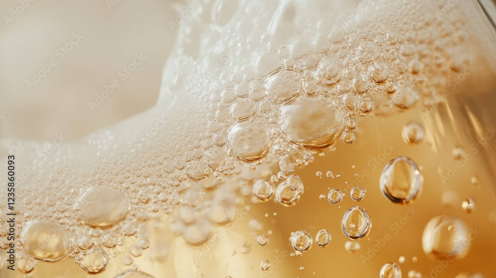 Poster close-up view of bubbles rising in a glass of golden beer with a soft focus background capturing the