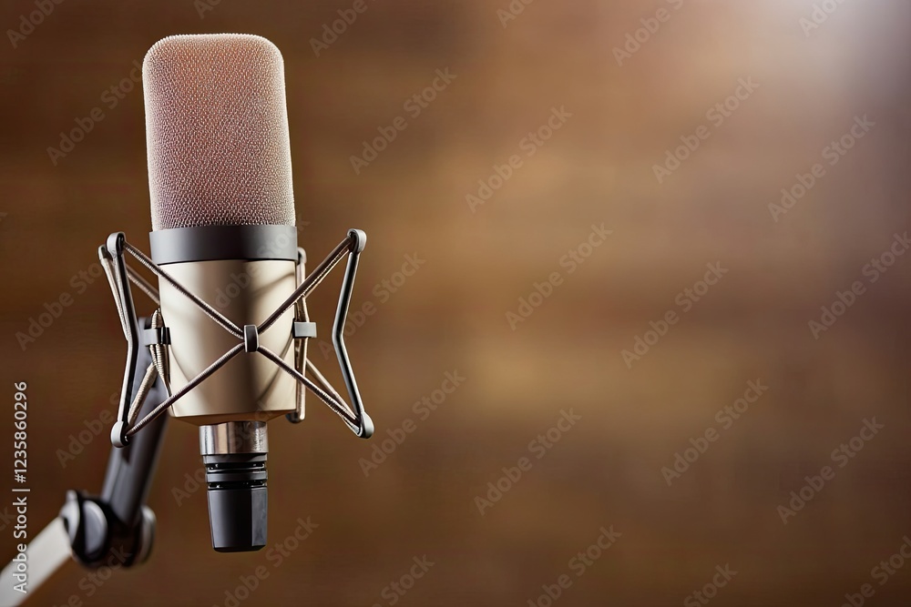 Poster stock photo of empty podcasting studio with sleek microphone and pop filter in focus blurred backgro