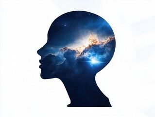 An artistic representation of a human profile filled with a cosmic nebula, symbolizing imagination and creativity. Creativity idea and vision concept.