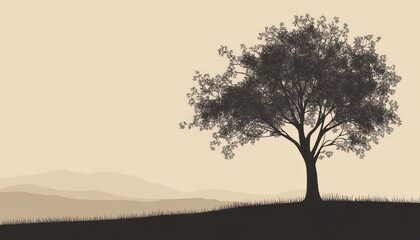Silhouette Of A Single Tree Against A Mountain Landscape