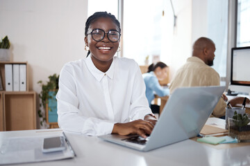 Businesswoman, portrait or happy accountant on laptop for news, investment profit or budget plan....