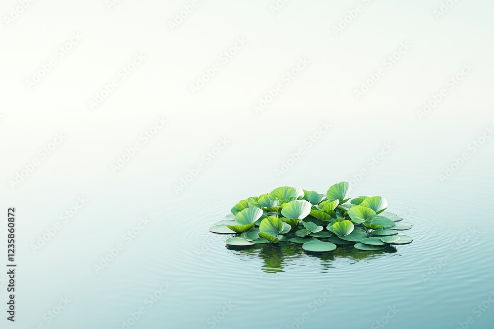 Poster top-down view of floating garden on calm lake perfectly arranged clusters of greenery forming almost