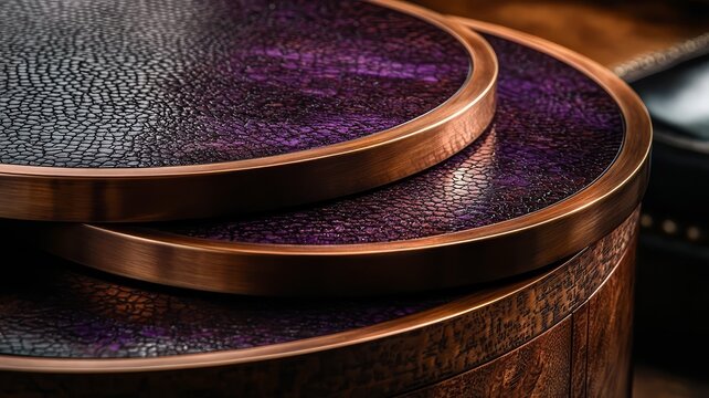 Elegant wooden tables with rich purple surfaces and copper accents, showcasing luxury craftsmanship and modern design aesthetics for upscale interiors.