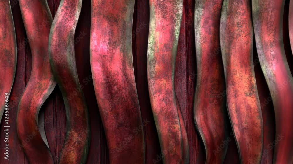 Poster abstract red and metallic textured artwork featuring wave-like patterns on a dark wooden backdrop