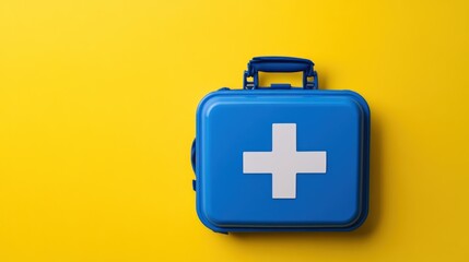 Fototapeta premium Blue First Aid Kit on Yellow Background: Medical Emergency Preparedness