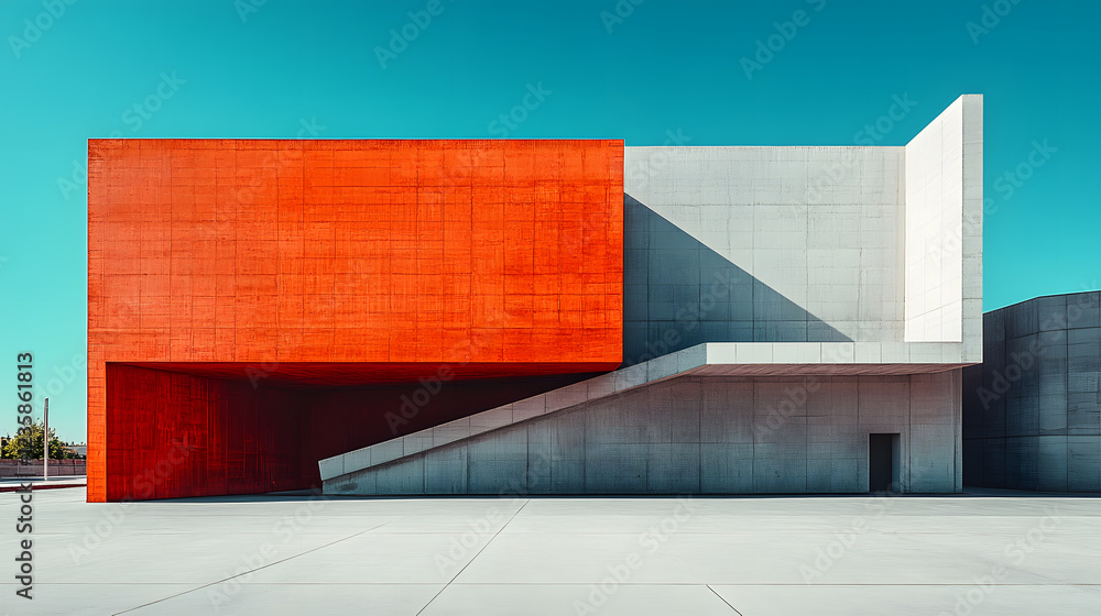 Aufkleber a modern architectural structure featuring bold red and gray elements against a clear blue sky, show
