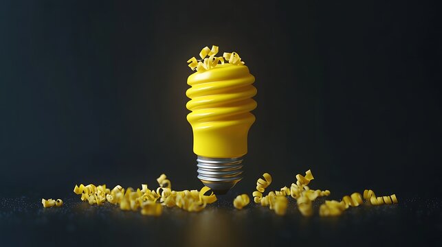 Yellow lightbulb with scattered paper.
