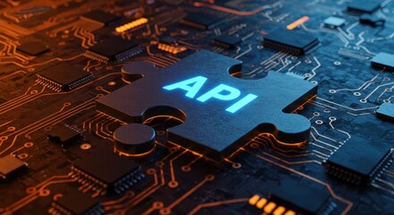 Close-up view of a circuit board featuring a glowing API puzzle piece symbolizing technology integration