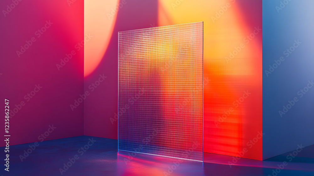 Poster a modern, abstract space featuring a translucent grid panel illuminated by vibrant, colorful light a