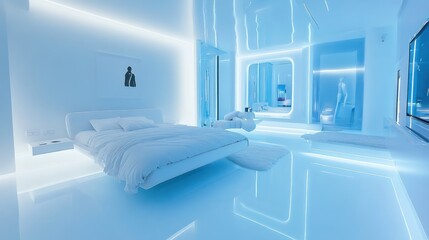 Futuristic bedroom, glowing blue, sleek design, bathroom view, hotel suite