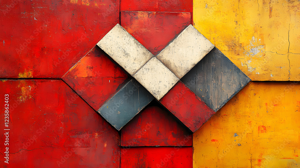Poster a vibrant abstract art piece featuring red, yellow, and gray geometric shapes arranged in a dynamic 