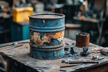 Rusted blue barrel sits on worn workbench