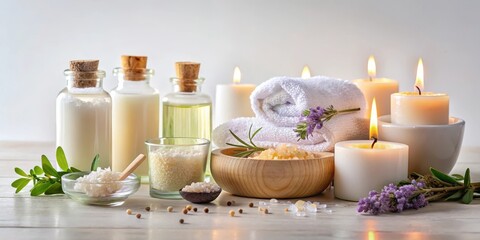 Relaxing aromatherapy session with candles, essential oils and soothing bath salts on a soft white background , soothing