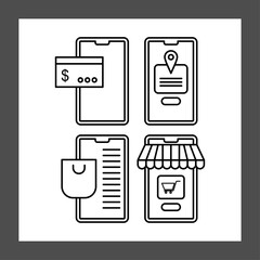 A collection of four simple line-art illustrations depict different mobile phone applications, each representing a distinct online service