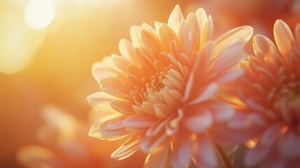 Soft Orange Chrysanthemums Blooming in Gentle Sunrise Light, Capturing the Essence of Nature Beauty and Serenity in a Dreamy Floral Scene