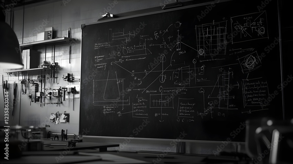 Poster detailed chalkboard filled with complex diagrams equations and technical notes in a classroom settin