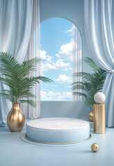Obraz premium ### **50 Search Keywords for the Image** ``` luxury showcase, cloud backdrop, elegant presentation, minimalistic stage, white marble platform, sky window, dreamy aesthetics, open arch design, floating