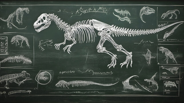 Detailed of dinosaur skeleton fossil displayed on chalkboard in a classic classroom or museum setting providing an educational reference for paleontology science and natural history studies